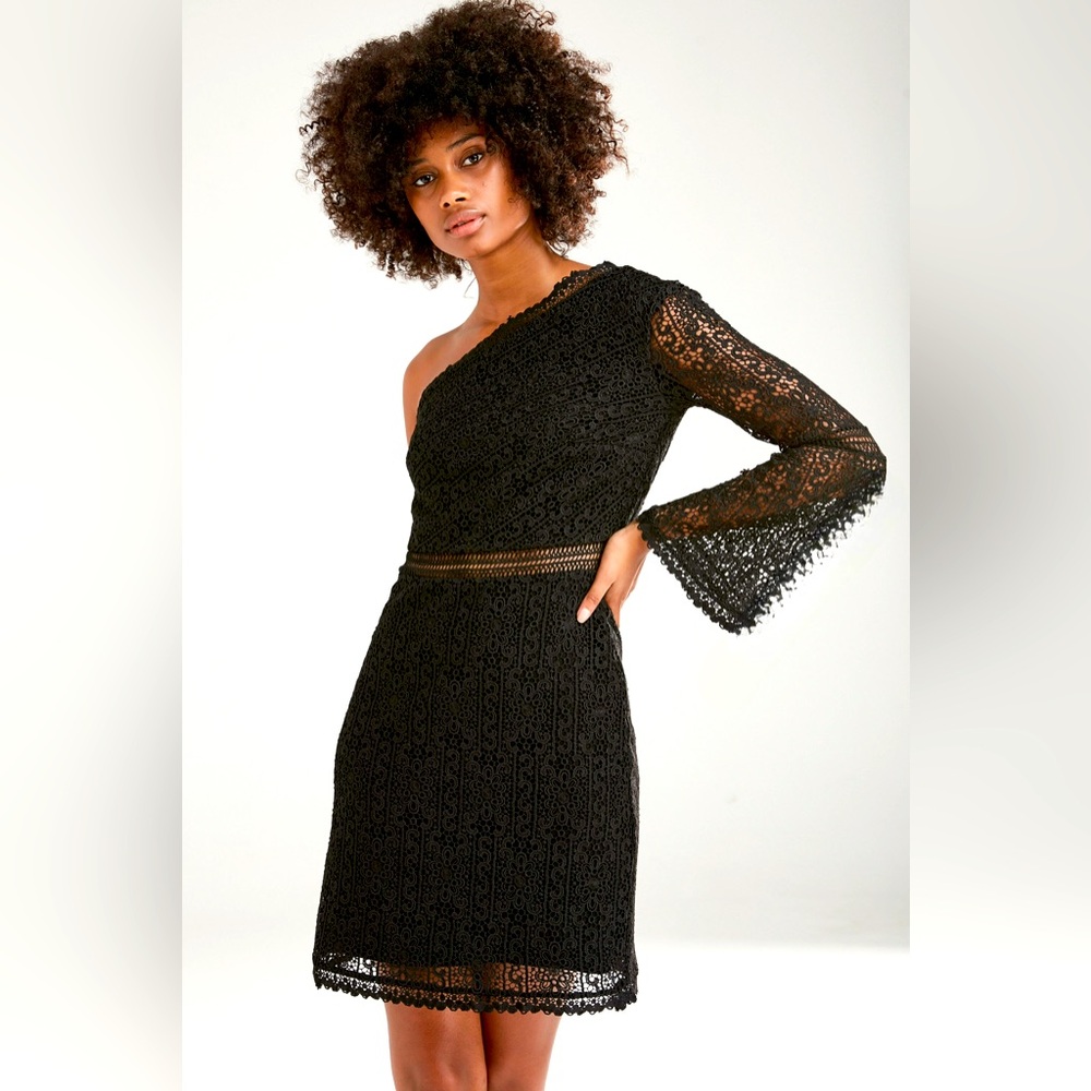 Black L lace dress one shoulder mini elegant evening party wedding
